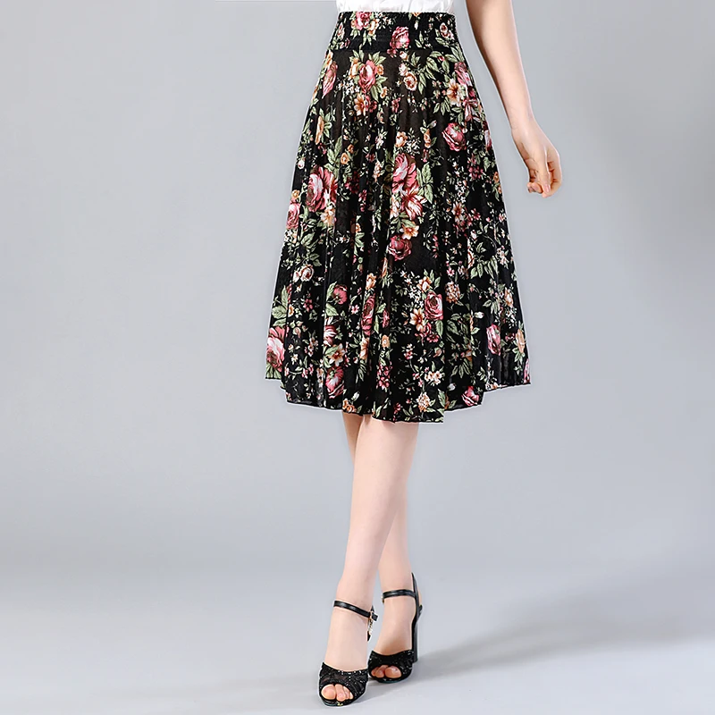 Летние Юбки До Колена средней талии с цветочным рисунком Женская плиссированная юбка модная эластичная юбка для отдыха высокого качества 9 цветов