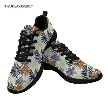 

Twoheartsgirl Breathable Tropical Palm Leaves Mesh Sneakers Lace Up Spring Autumn Mesh Shoes Comfortable Female Ladies Flats