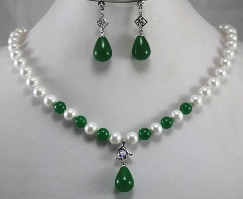 

lady's beautiful 8mm white shell pearl and green jade necklace earrings sets for wedding and party (D)