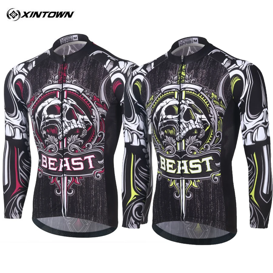 Green Skull Biking Mens Long Sleeve Cycling Jerseys MTB Bike Clothing