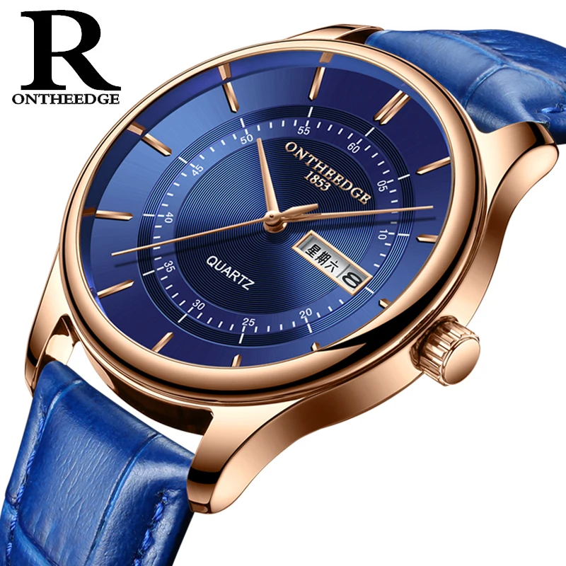 

2018 Men Quartz Watch Fashion Rose Gold Date Week Function Genuine Leather Strap Navy Blue Men's Watches Relogio Masculino