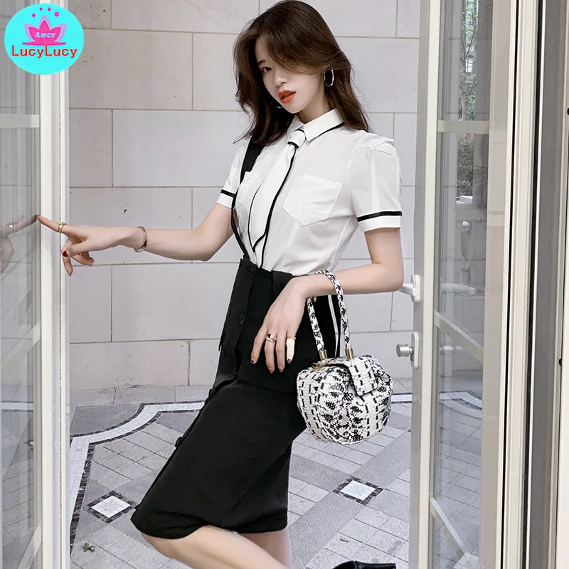 2019 summer women's new professional lapel tie single-breasted Slim company white-collar white shirt