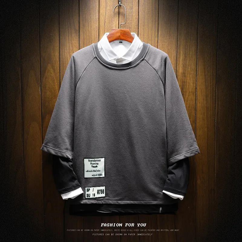 new spring autumn 2018 men o-neck false two piece set hoodies casual Japanese style loose plus size 5XL long sleeves sweatshirts