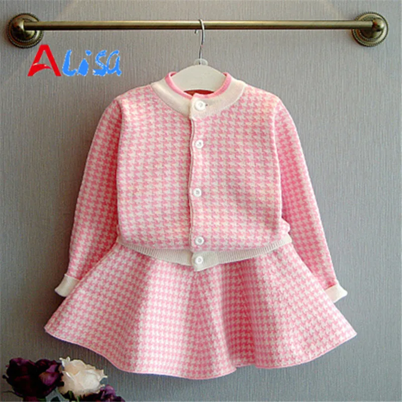 Autumn Girls Clothing Sets 2016 New Houndstooth Knitted Suits Long Sleeve Plaid Jackets Skits 2Pcs for