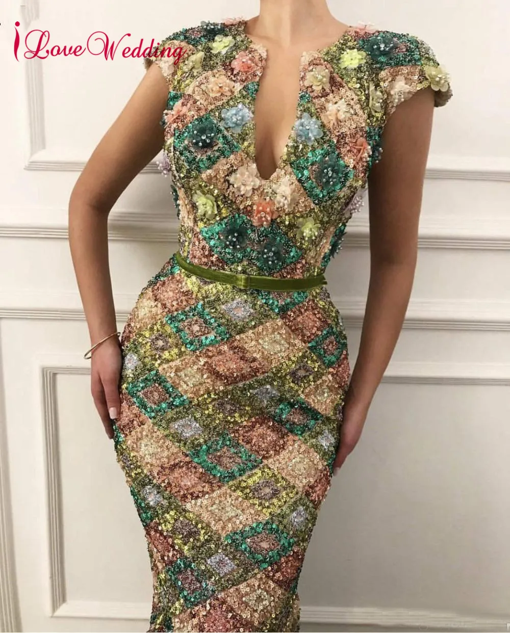 Халат De Soiree сексуальное вечернее платье с короткими цельнокроеными рукавами мульти с блёстками и кружевом Вечернее платье сделано Труба вечернее платье для вечерние