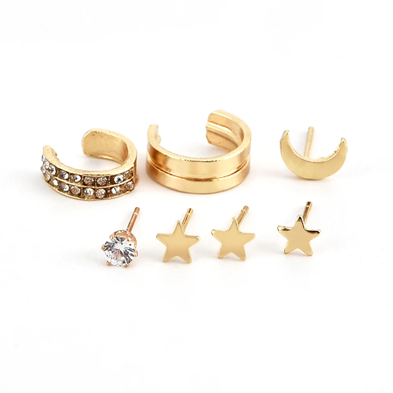 7 шт./компл. классические женские серьги-гвоздики с пентаграммой, звездой, луной, круглым геометрическим кристаллом, драгоценным камнем, золотом, серьги в стиле ретро простые серьги