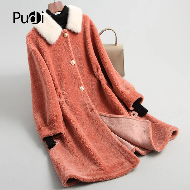 PUDI A18195 women's winter real wool fur coat mink collar