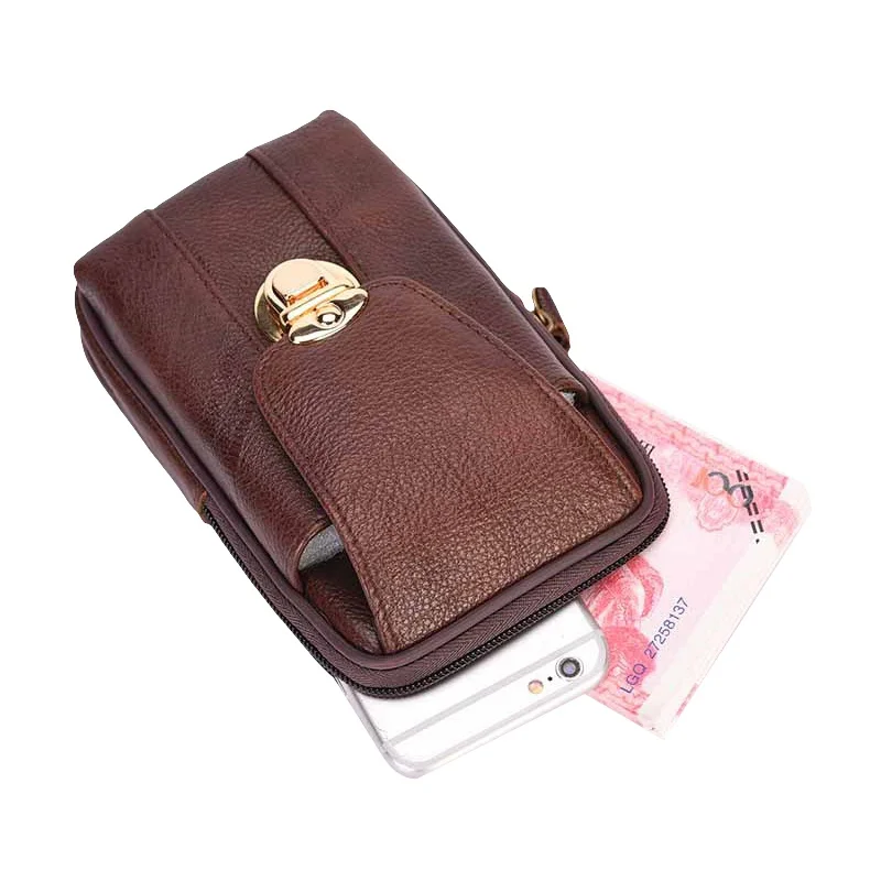 Men Retro Leather Belt Bag Zipper Metal Buckled Wear Waist Bag Phone Case Pouch Wallet Cell Phone Bag