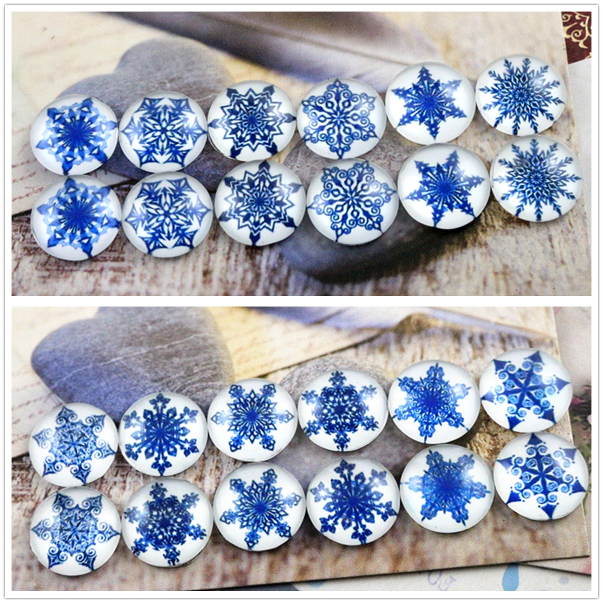 

12pcs/lot (One Set) Two Style 12mm Blue Snowflakes Handmade Glass Cabochons Pattern Domed Jewelry Accessories Supplies
