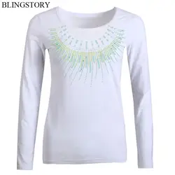 BLINGSTORY осень негабаритных Для женщин Базовая футболка Повседневное О-образным вырезом футболка с длинными рукавами Бисер Повседневное