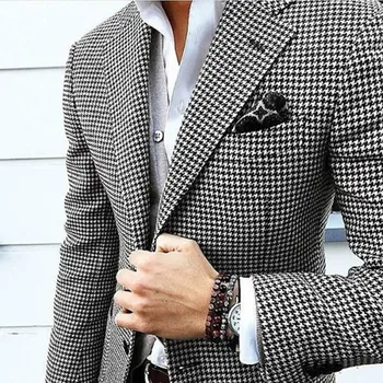 

Houndstooth Custom Made Mens Checkered Suit Dress 2018 Tailored black Weave Hounds Tooth Check wedding men suits jacket+pants