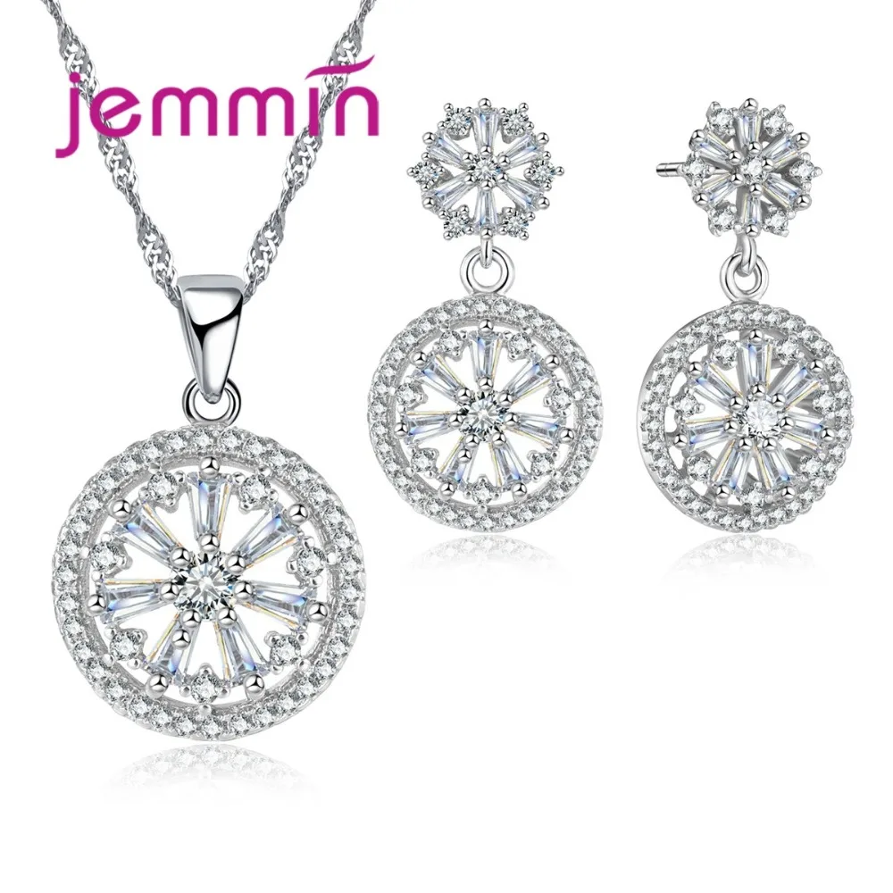 

Jemmin Exaggerated Hollow Out CZ Crytal Pendant Necklace Drop Earrings Set For Party Jewelry 925 Sterling Silver Engagement Sets