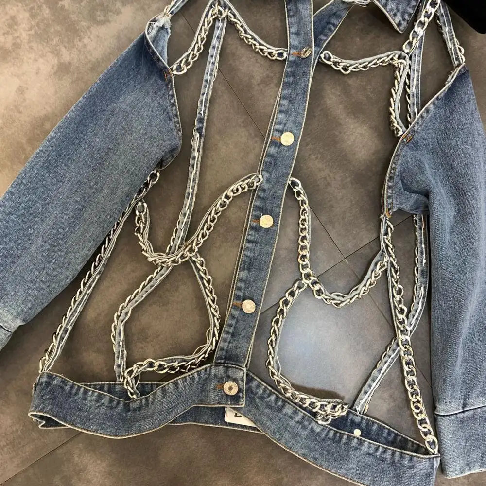 Летняя новая джинсовая женская куртка с отворотом и длинными рукавами, украшенная железной цепочкой