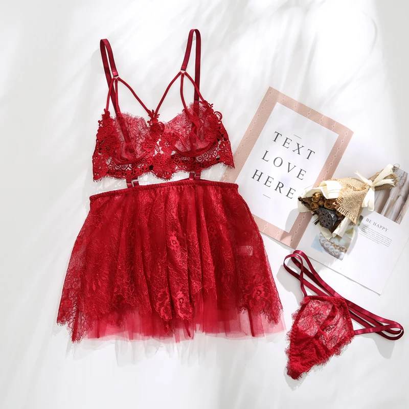 

Sexy Lingerie Female Winter Water Soluble Floating Flower Eyelash Lace Perspective Temptation Sling Nightgown Sleepwear Porno