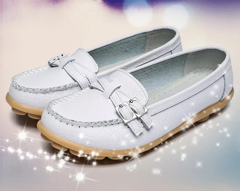 Soft Genuine Leather Shoes Women Slip On Woman Loafers Moccasins Female Flats Casual Women's Buckle Boat Shoe Plush Size 35-41 4