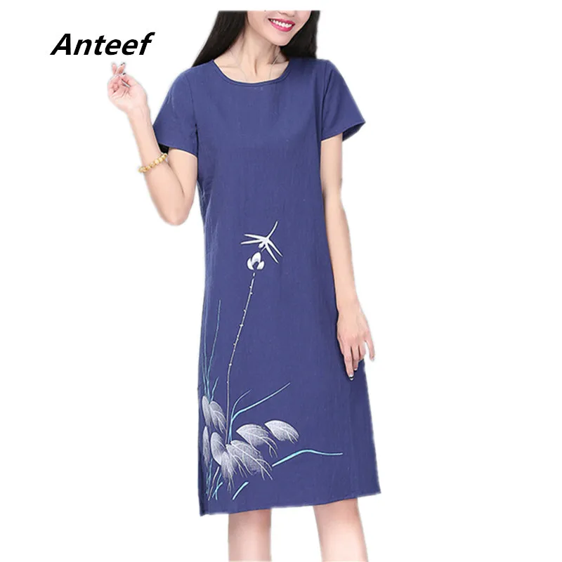 Cena Bawełniana pościel plus rozmiar vintage, w kwiaty drukuj kobiety dorywczo luźna letnia sukienka midi eleganckie ubrania vestidos 2019 sukienki 4XL