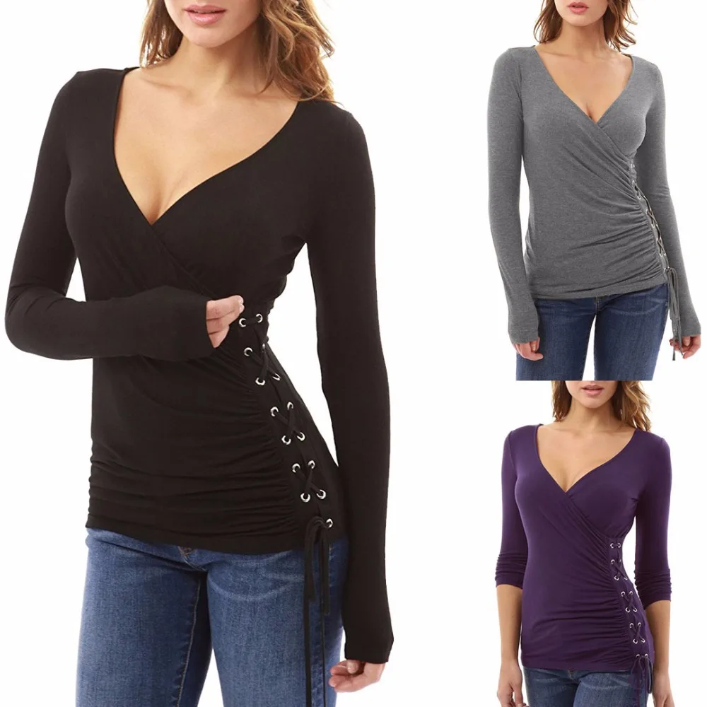 

New 2019 Fashion Casual Women's T-shirts V-Neck Long Sleeve Slim Shirt Perforation Bandage Solid Colour Women Clothing Top