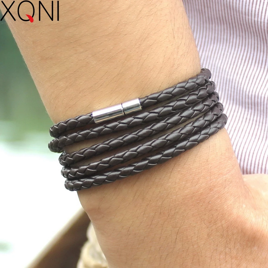 

XQNI Brand Boys Punk Sproty Chain Link Charm Bracelet Bangles Fashion Handmade Wrap Leather Bracelet Men Jewelry
