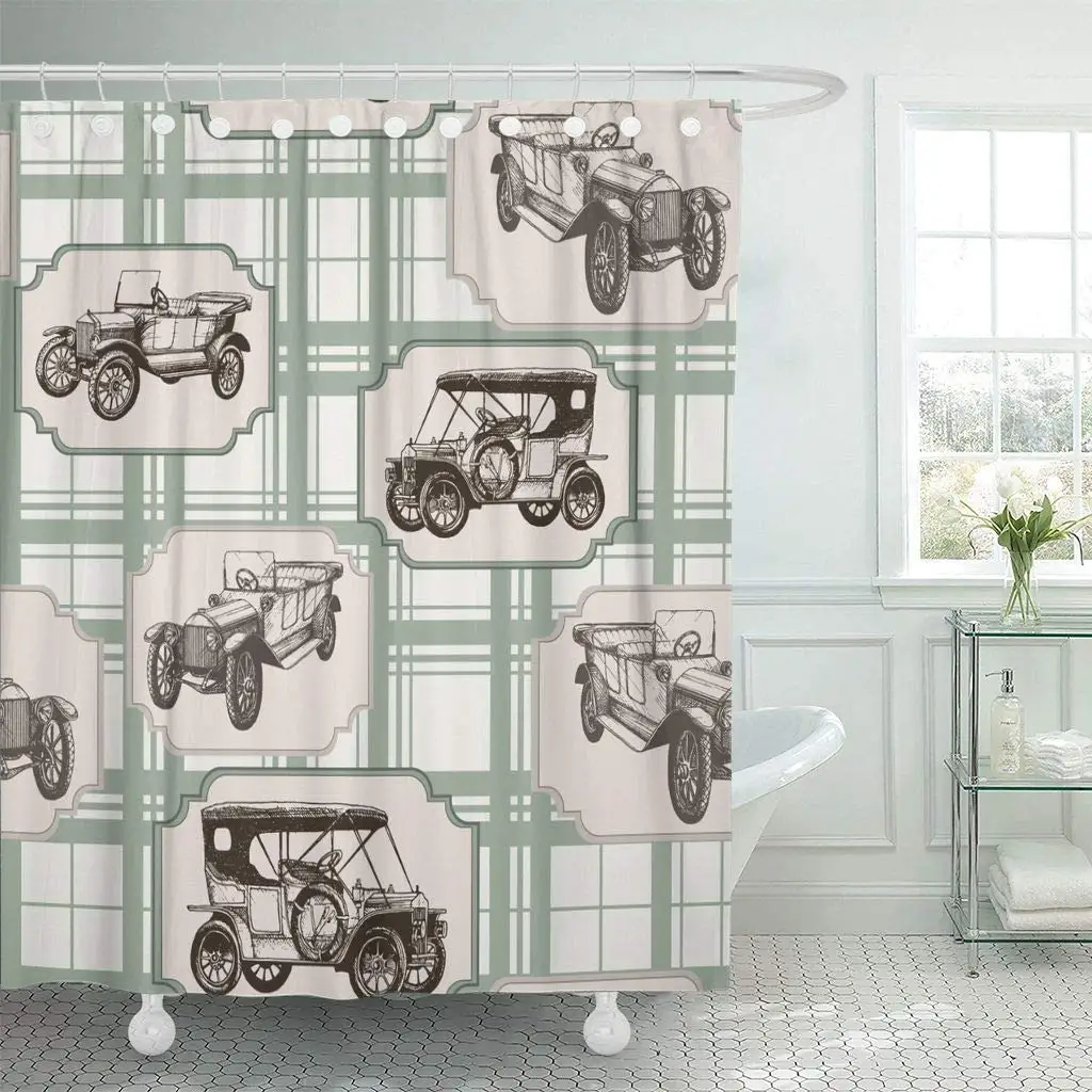 Shower Curtain Beige Auto with Vintage Retro Cars Perfect and Brown