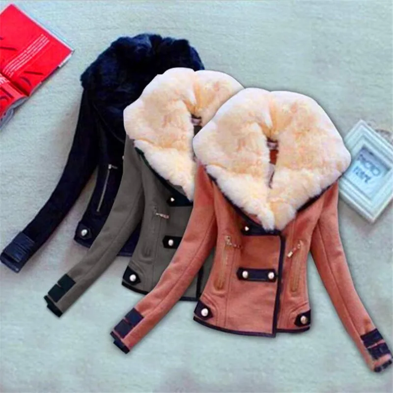

Europe and United Jackets Coat Women's Large Size 2XL Slim Short Jacket Coats Fashion Large Lapel Fur Collar Button Zipper Coats