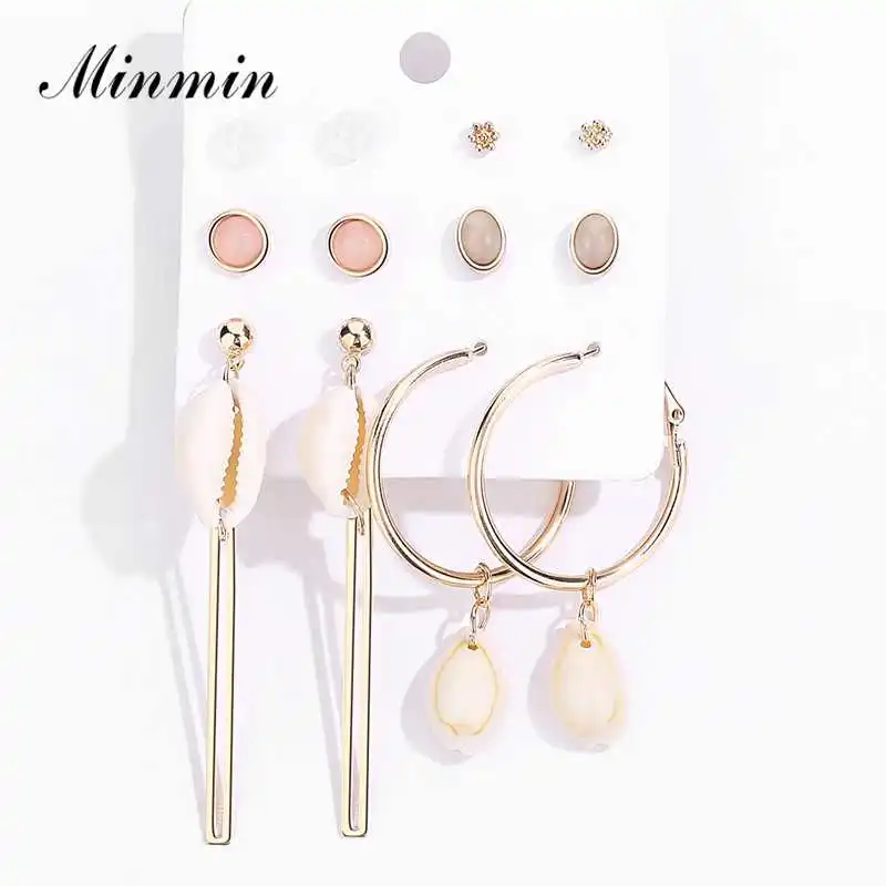 

Minmin 6 Pcs/Set Summer Conch Big Stud Earrings Sets Simple Stone Small Geometric Stud Earrings for Women Fashion Jewelry EH1490