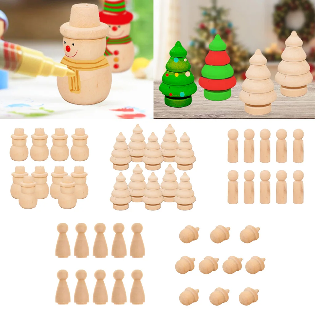 10x Wooden Peg Dolls Acorn Snowman Tree Unfinished Paint Stain DIY Crafts