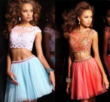 2017 zwei Stücke Chiffon Promkleider Sexy Scoop Neck Kurze Ärmel Applique Pailletten A-linie Abiballkleider Cocktailkleider