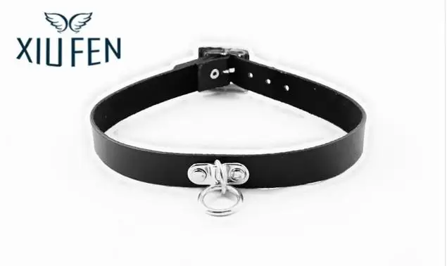 Black Patent Leather Collar /& Leash Silver O Ring Choker Necklace Silver Chain