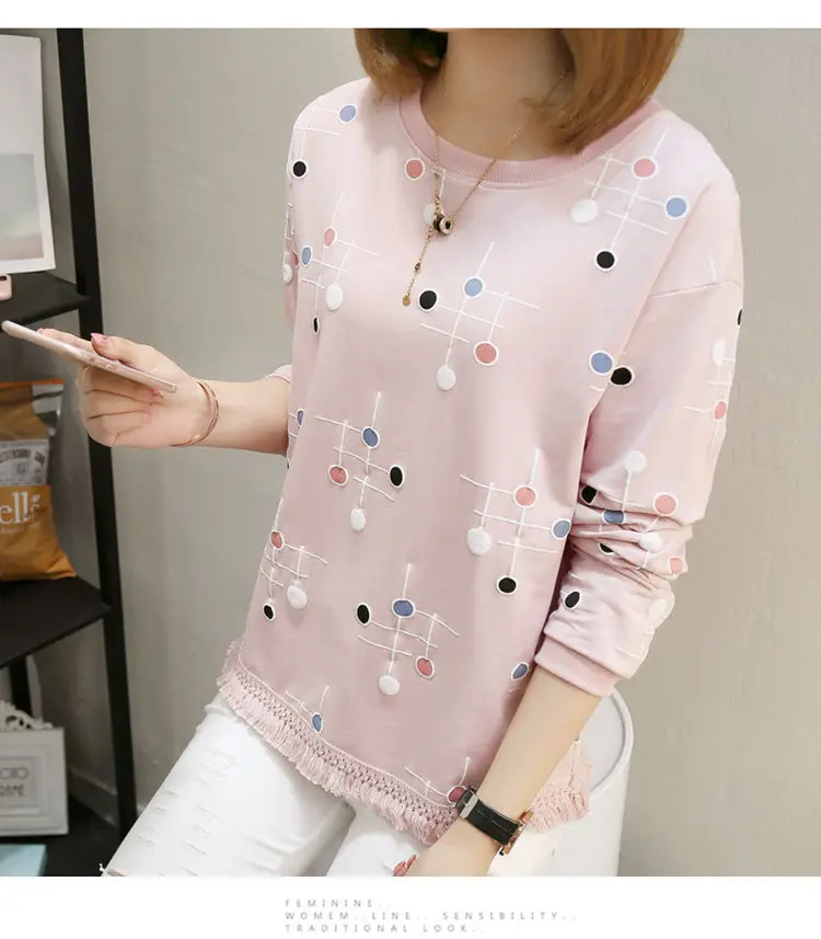 2019 Autumn Women Tops Tees Fashion Print Tshirt Femme T-shirt Ladies Long Sleeve Cotton T-shirts Bottom Tassel Poleras Mujer (10)