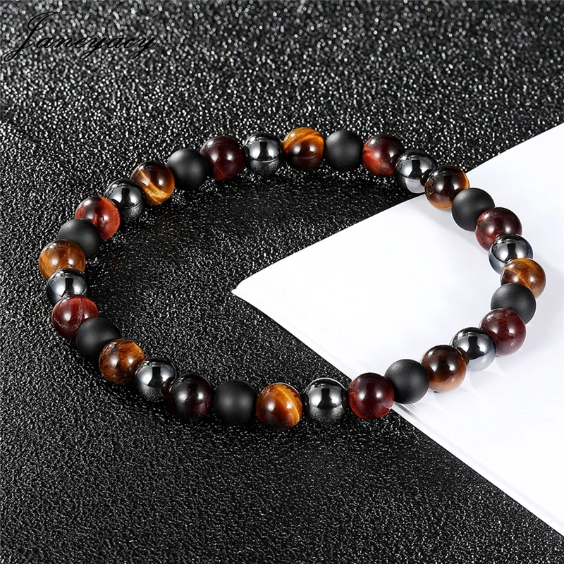 

Janeyacy 6MM Natural Stone Striped Bead Bracelet Women Black Curse Beads Bracelet Men Bracelet Elastic Bracelet Hombres Pulseras