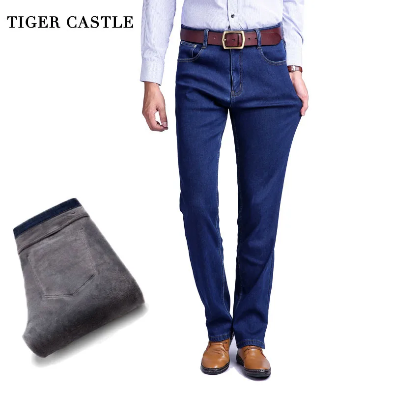 Тигровый замок, Толстые мужские зимние Стрейчевые джинсы, теплые флисовые мужские классические джинсы, качественные мужские черные джинсовые штаны, размер 28-42