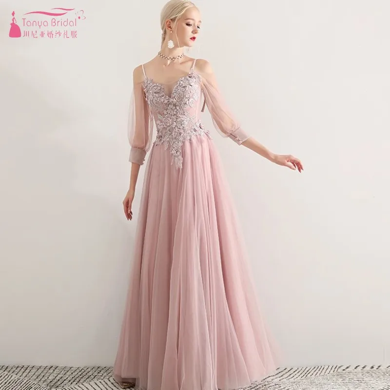 Three Quarter Length Sleeves Long Bridesmaid Dresses Pink A Line