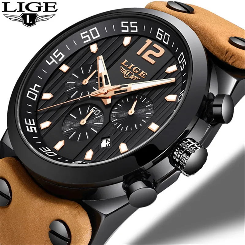 

LIGE Mens Military Sport Watches Mens Top Brand Luxury Quartz Watch Men Leather Automatic Waterproof Clock+Box Relogio Masculino