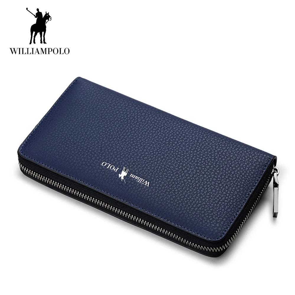 WilliamPOLO Men Wallet Long Clutch Anti Theft Strap Multi Card Holder Genuine Leather Phone Cash Coin Purse with Zipper Pocket