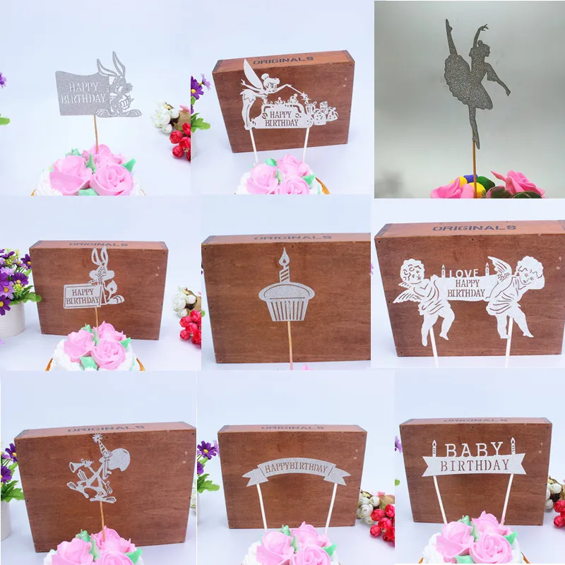 Happy Birthday Cake Topper Flags Party Decor Angel Paper Silver Glitter Cupcake Cake Topper Baby Shower Party Baking Decor Kids