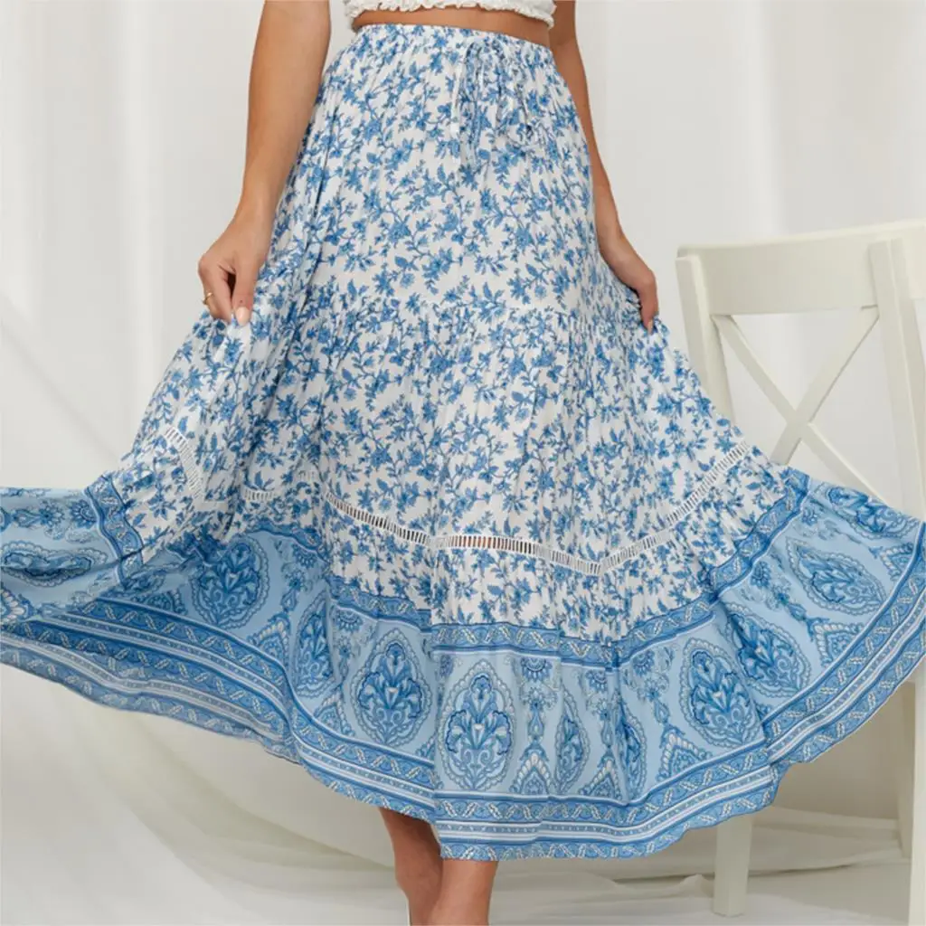

Jastie Blue Print Maxi Skirt 2019 Summer Boho Chic Beach Skirts Elastic Waist Casual Women Skirt Female Faldas Jupe Long Skirts