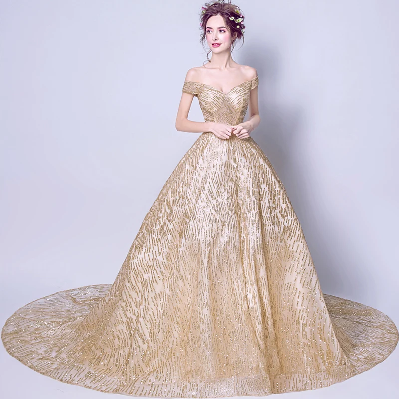 Лодочка шеи Золотое роскошное вечернее платье с цветочным рисунком и блестками модное торжественное платье длиной до пола LX296 еще стиль распродажа