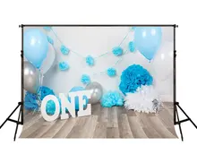 Festivo primeiro primeiro bolo de aniversário balão azul letras brancas de madeira backdrops Vinil pano Computer print Fundo do partido