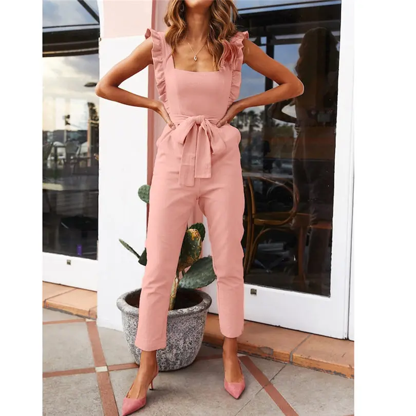 New Women's Summer Fashion Casual Linen Shirred Frill Sleeves Pockets Jumpsuit Ladies Belted Summer Holiday #4A25 (7)