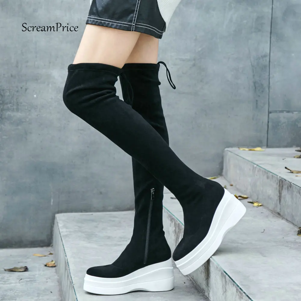 

Women Suede Flat Over the Knee Boots High Heel Platform Zipper Boots Fashion Zipper Winter Female Shoes 2018 New Black