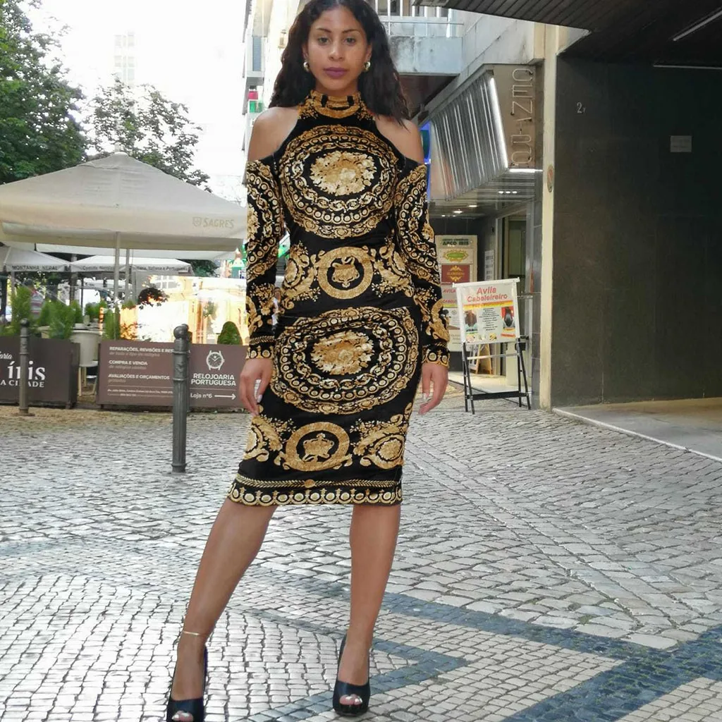 Женское платье Vestido 2019 винтажное с высоким воротом открытыми плечами длинным
