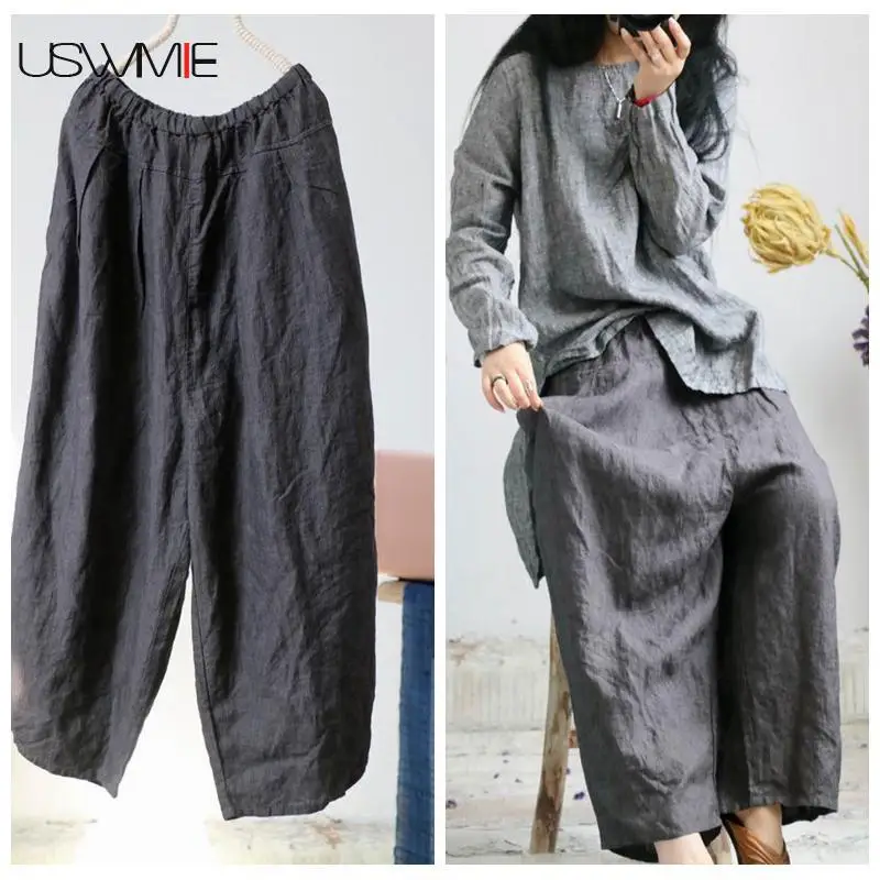 

USWMIE 2018 Summer Trousers Women New Literature Simple Casual Elastic Waist Solid Color Comfort Plus Size Joker Wide Leg Pants