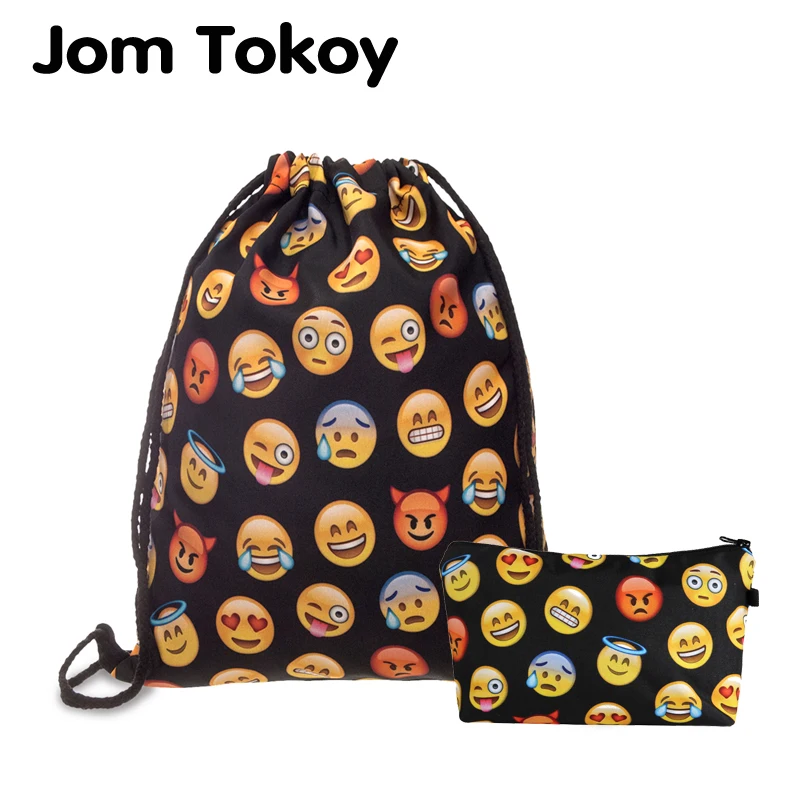 

Jom Tokoy 2 PCS 3D Printing Drawstring bag Set Combinationwith Emoji School Girls Black Backpack