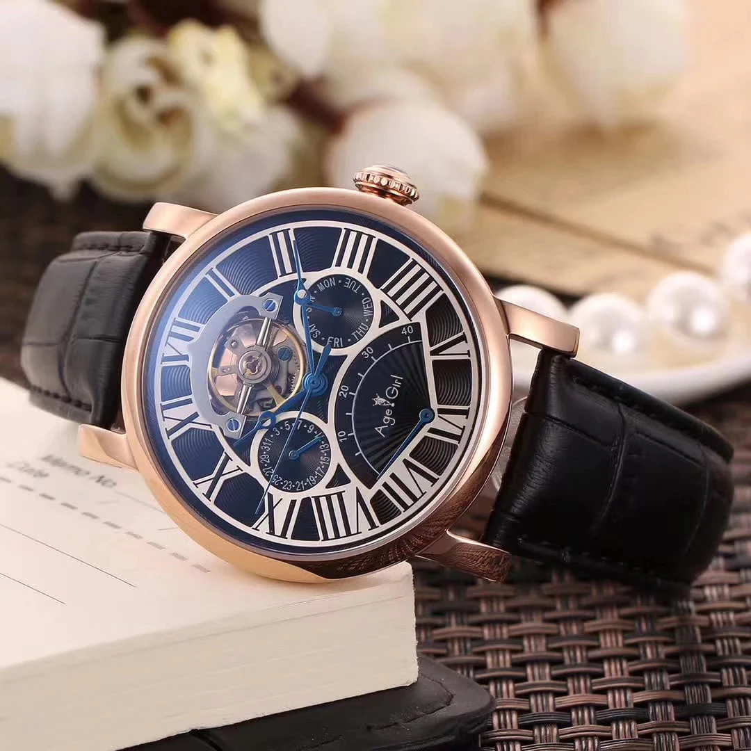 

Luxury Brand New Men Automatic Mechanical Watch Silver Rose Gold Black Leather Tourbillon Dual Time Skeleton Sapphire Sport AAA+