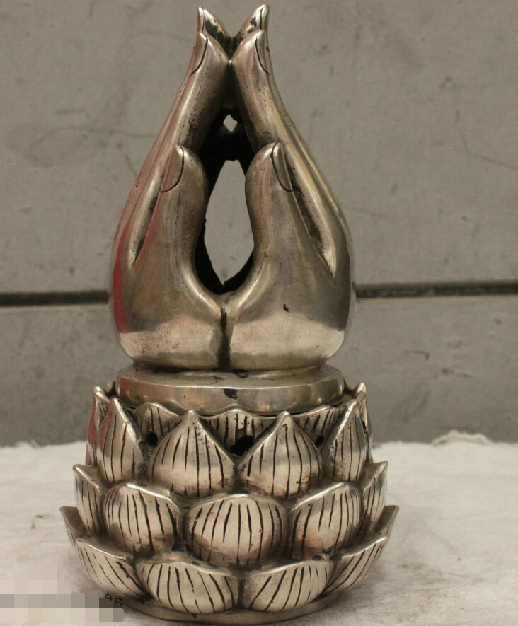 

[old craft ] Chinese Folk Culture HandMade Silver Bronze statue Buddha hand incense burner