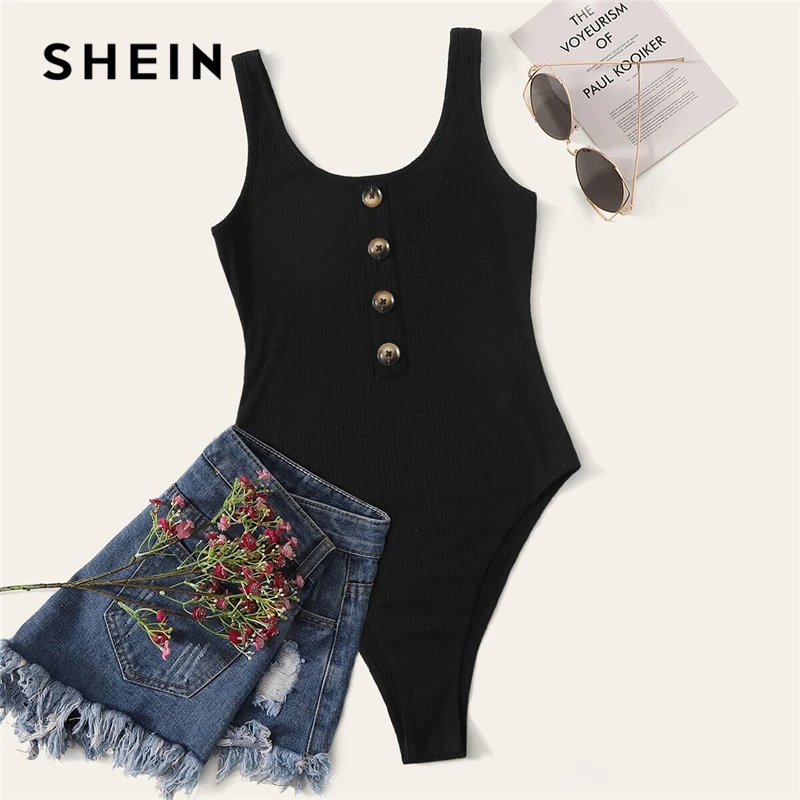 SHEIN Black Solid Ribbed Knit Button Front Casual Tank Bodysuit Women 2019 Summer Sleeveless Mid Waist Skinny Laies Bodysuits SHEIN Black Solid Ribbed Knit Button Front Casual Tank Bodysuit Women 2019 Summer Sleeveless Mid Waist Skinny Laies Bodysuits