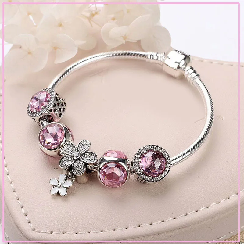 

Fits Jewelry Glamour DIY Three-sided Cat's Eye Beads Accessories Beads Daisy Flower Bracelet Pink Sterling Silver 925