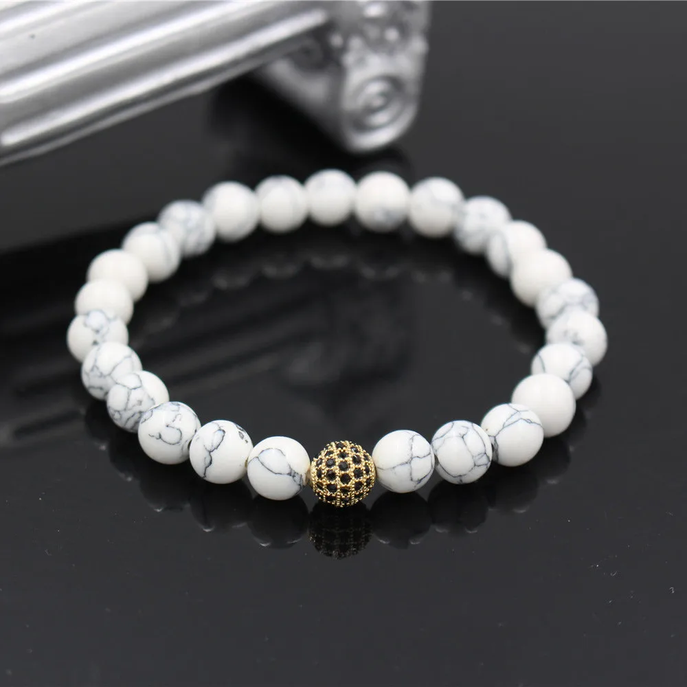 

NADEEM Fashion 8mm Micro Pave CZ Round Copper Ball Beads & White Howlite Stone Beads Bracelet Jewelry Women Men's Beade Bracelet