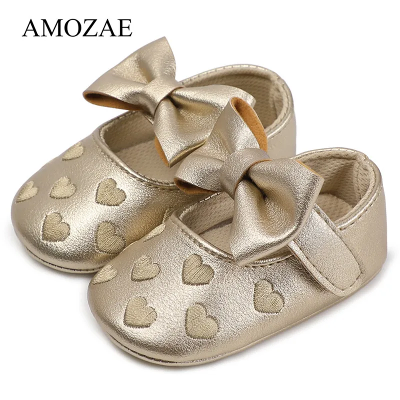 Nouveau-né filles chaussures en cuir PU princesse chaussures bébé filles bébé broderie amour Bow chaussures à semelle souple infantile enfant en bas âge enfant chaussures