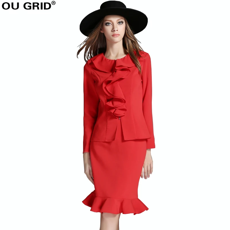 

Women Red Ruffle Hem Work Blazers Suits Spring Runway Style blouse+Skirt Formal Set Plus Size office Lady 2 pieces Party Set